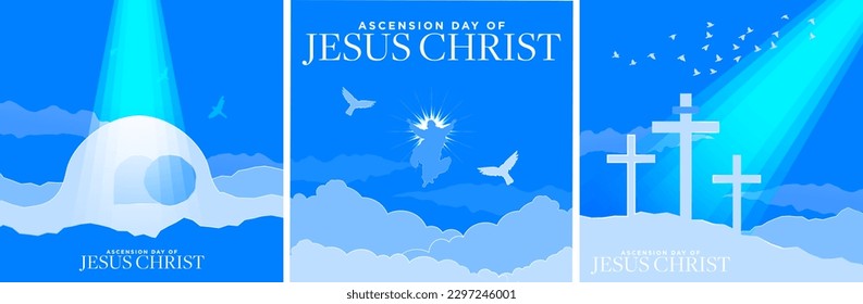 Ascension Day Set, celebrated on May 18. The Ascension Day of Jesus Christ. Jesus Silhouette rising to heaven. Jesus resurrected from tomb. Three crosses on a hill. Vector Illustration.