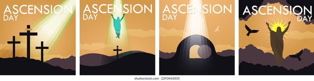 Ascension Day Silhouette Design. Beautiful Minimalist Ascension Day poster cards. Three crosses, holy spirit, Mount of Olive, Jesus ascension, clouds, sky, tomb. Editable Vector Illustration. EPS 10. svg