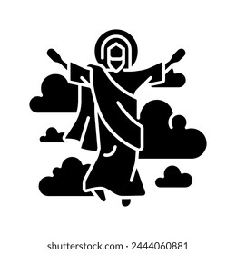 Ascension of Jesus black glyph icon. Jesus ascended to Heaven. Christian scripture. New testament. Religious miracle. Silhouette symbol on white space. Solid pictogram. Vector isolated illustration