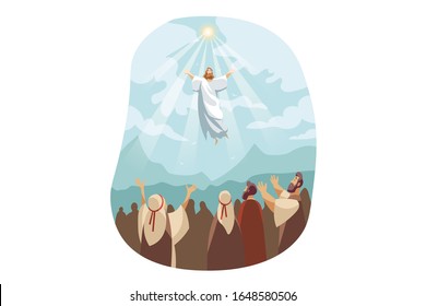Ascension of Jesus Christ, Bible concept. Illustration of resurrection Jesus Christ. Sacrifice of Messiah for humanity redemption. Miraculous ascension of son of god in cartoon style. Vector flat