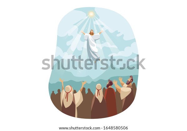 Ascension of Jesus Christ, Bible concept.\
Illustration of resurrection Jesus Christ. Sacrifice of Messiah for\
humanity redemption. Miraculous ascension of son of god in cartoon\
style. Vector flat