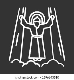 Ascension of Jesus Christ chalk icon. Messiah, the son of god raising on cloud in divine light. Savior in heaven in glory. Bible easter story. New Testament. Isolated vector chalkboard illustration