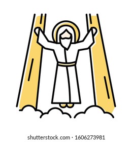 Ascension of Jesus Christ color icon. Messiah, the son of god raising on cloud in divine light. Savior in heaven in glory. Bible easter story. New Testament. Isolated vector illustration