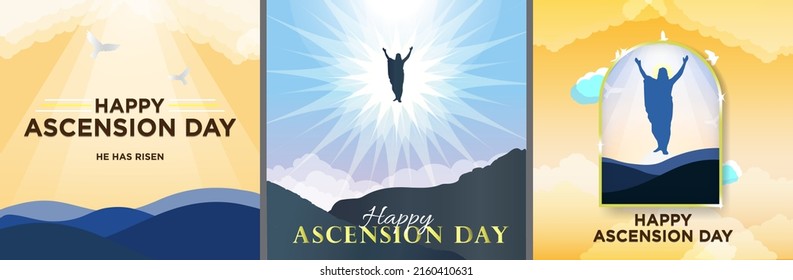 Ascension of Jesus Christ to Heaven concept set. Happy Ascension day greeting cards. Square Format. Editable vector illustrations. Warm and cool colors.