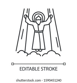 Ascension of Jesus Christ linear icon. Messiah, the son of god raising on cloud in light. Savior in heaven. Thin line illustration. Contour symbol. Vector isolated outline drawing. Editable stroke