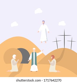 Ascension of Jesus Christ. The Sacrifice of the Messiah for the Atonement of Mankind. Learn the word of God. Bible story design concept. Colorful vector illustration.