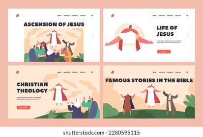 Aufnahmen von Jesus Landing Page Template Set. Jesus Christus, der in den Himmel aufsteigt, während seine Jünger in Wunder schauen