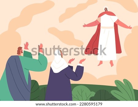 Ascension Of Jesus Scene, Moment When Jesus Christ Ascended Into Heaven In Presence Of His Disciples. Significant Event