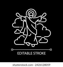 Ascension of Jesus white linear icon for dark theme. Jesus ascended to Heaven. Christian scripture. New testament. Isolated vector illustration. Simple filled line drawing. Editable stroke
