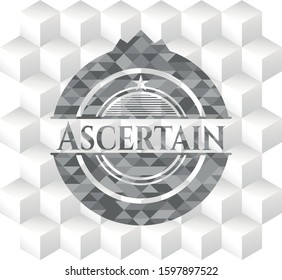 Ascertain grey badge with geometric cube white background
