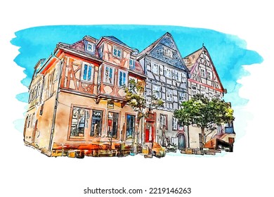 Aschaffenburg germany watercolor hand drawn illustration isolated on white background