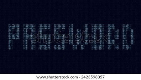 ASCII Art PASSWORD Word Made from Random Letters and Numbers. Dark Binary Code. Concept of Password Protected Digital Data. Hacker Attack Database Leak Information. Cyber Security Vector.