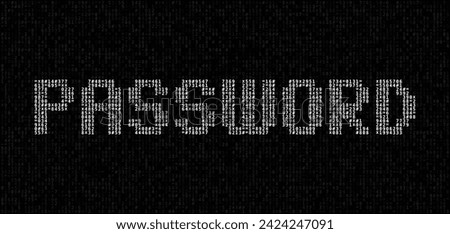 ASCII Art PASSWORD Word Made from Random Letters and Numbers. Dark Binary Code. Concept of Password Protected Digital Data. Hacker Attack Database Leak Information. Cyber Security Vector.