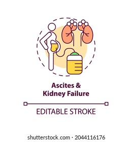 Ascites And Kidney Failure Concept Icon. Liver Failure Outcome Idea Thin Line Illustration. Cirrhosis Sign. Poor Liver Function. Vector Isolated Outline RGB Color Drawing. Editable Stroke