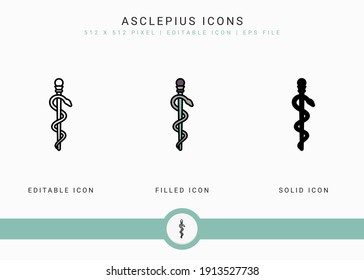 Los iconos de álabo establecen la ilustración vectorial con estilo de línea de icono sólido. Concepto de Rod caduceus. Icono de trazo editable en fondo aislado para diseño web, interfaz de usuario y aplicación móvil