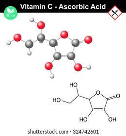 Ascorbic acid, ascorbate molecule, structural chemical formula and model, vitamin c, e300, 2d & 3d vector isolated on white background, eps 8