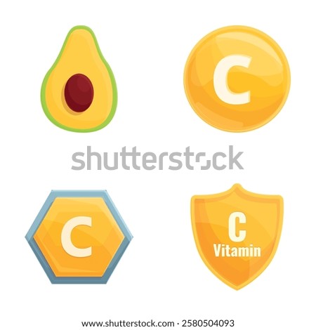 Ascorbic acid icons set cartoon vector. Product fortified with ascorbic acid. Healthy nutrition