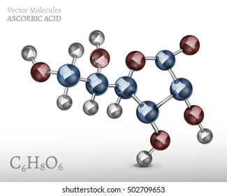 Ascorbic acid molecule, structural chemical volumetric formula. 3d vector illustration isolated on a white background. Chemistry and Biotechnology concept.