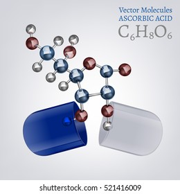 Ascorbic acid molecule, structural chemical volumetric formula in the open capsule. 3d vector illustration isolated on a white background. Chemistry and Biotechnology concept.