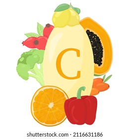 Ascorbic acid rich in vitamin C. Healthy nutrition, immunity, food flat set. Diet infographic poster, rose hip, broccoli, papaya, lemon, orange, sea buckthorn. 