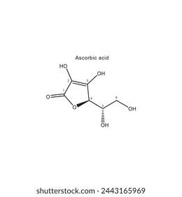 Ascorbic acid skeletal formula with carbon numbering diagram. Scientific illustration.