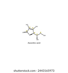 Ascorbic acid skeletal formula with carbon numbering diagram. Scientific illustration.