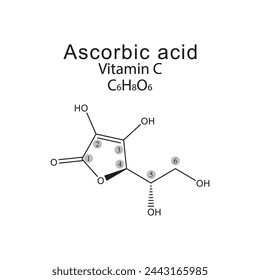 Ascorbic acid skeletal formula with carbon numbering diagram. Scientific illustration.