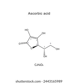 Ascorbic acid skeletal formula with carbon numbering, chemical formula and chemical name diagram. Scientific illustration.