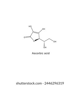Ascorbic acid skeletal structure diagram.Vitamin C derivative compound molecule scientific illustration on white background.