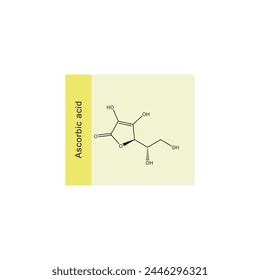 Ascorbic acid skeletal structure diagram.Vitamin C derivative compound molecule scientific illustration on yellow background.