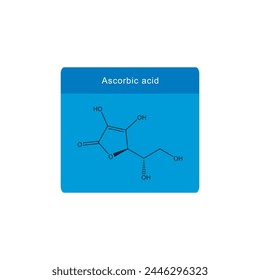 Ascorbic acid skeletal structure diagram.Vitamin C derivative compound molecule scientific illustration on blue background.