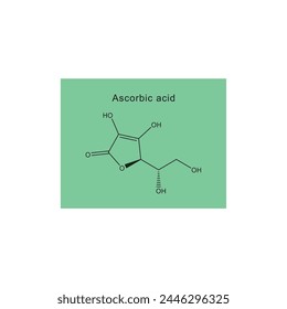 Ascorbic acid skeletal structure diagram.Vitamin C derivative compound molecule scientific illustration on green background.