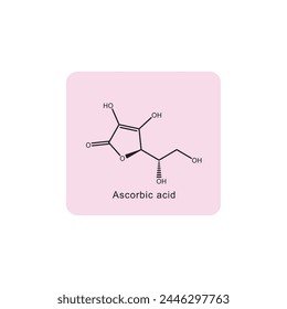 Ascorbic acid skeletal structure diagram.Vitamin C derivative compound molecule scientific illustration on pink background.