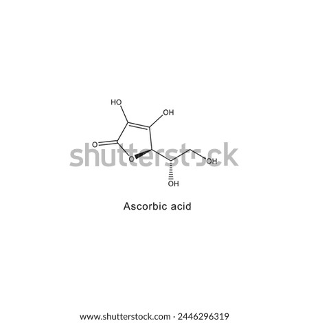 Ascorbic acid skeletal structure diagram.Vitamin C derivative compound molecule scientific illustration on white background.