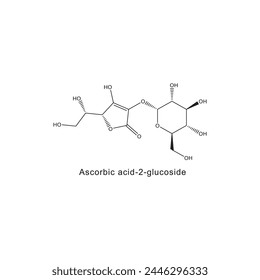 Ascorbic acid-2-glucoside skeletal structure diagram.Vitamin C derivative compound molecule scientific illustration on white background.