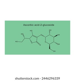 Ascorbic acid-2-glucoside skeletal structure diagram.Vitamin C derivative compound molecule scientific illustration on green background.