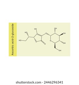 Ascorbic acid-2-glucoside skeletal structure diagram.Vitamin C derivative compound molecule scientific illustration on yellow background.