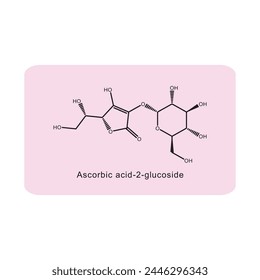 Ascorbic acid-2-glucoside skeletal structure diagram.Vitamin C derivative compound molecule scientific illustration on pink background.