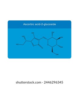 Ascorbic acid-2-glucoside skeletal structure diagram.Vitamin C derivative compound molecule scientific illustration on blue background.