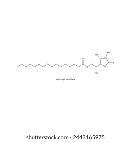 Ascorbyl palmitate skeletal structure diagram.Vitamin C derivative compound molecule scientific illustration on white background.