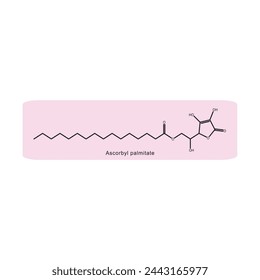 Ascorbyl palmitate skeletal structure diagram.Vitamin C derivative compound molecule scientific illustration on pink background.