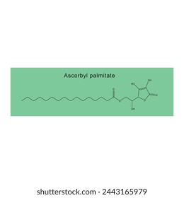 Ascorbyl palmitate skeletal structure diagram.Vitamin C derivative compound molecule scientific illustration on green background.