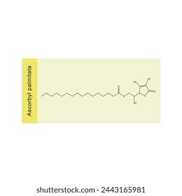 Ascorbyl palmitate skeletal structure diagram.Vitamin C derivative compound molecule scientific illustration on yellow background.