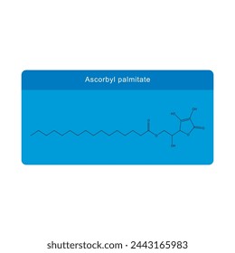 Ascorbyl palmitate skeletal structure diagram.Vitamin C derivative compound molecule scientific illustration on blue background.