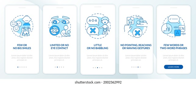 ASD signs in children onboarding mobile app page screen. Few smiles, no gestures walkthrough 5 steps graphic instructions with concepts. UI, UX, GUI vector template with linear color illustrations