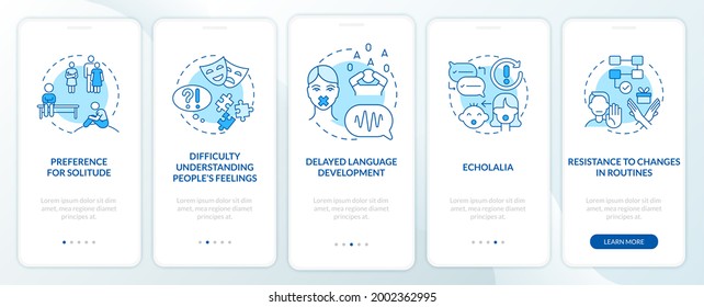 ASD signs onboarding mobile app page screen. Preference to loneliness, echolalia walkthrough 5 steps graphic instructions with concepts. UI, UX, GUI vector template with linear color illustrations