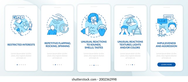 ASD symptoms onboarding mobile app page screen. Restrictive interests, impulsiveness walkthrough 5 steps graphic instructions with concepts. UI, UX, GUI vector template with linear color illustrations