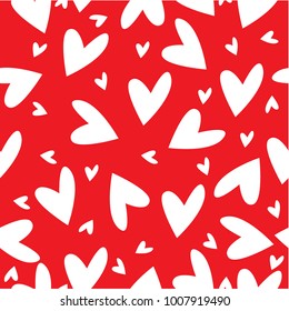 aSeamless cute pattern with white hearts on red backdrop. 
Romantic background design for wrapping paper, greeting cards, 