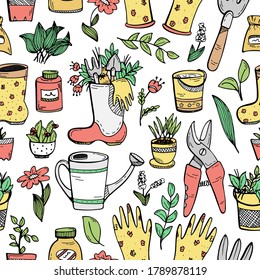 Aseamless patternwith hand-drawn doodles about a country house, garden equipment, and growing vegetables.