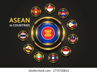 Asean 10 Countries Luxury Gold Flag Graphic Vector